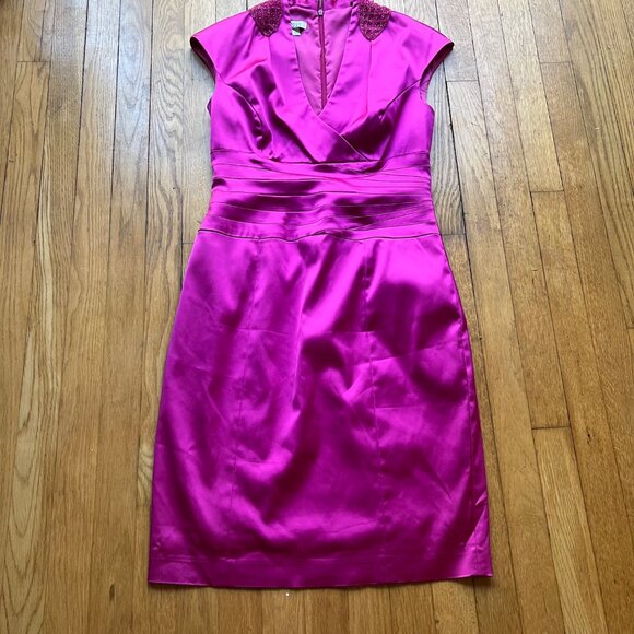 Kay Unger Size 8 Pink Satin Cap Sleeve Pleated Cocktail Sheath Dress - Picture 2 of 16